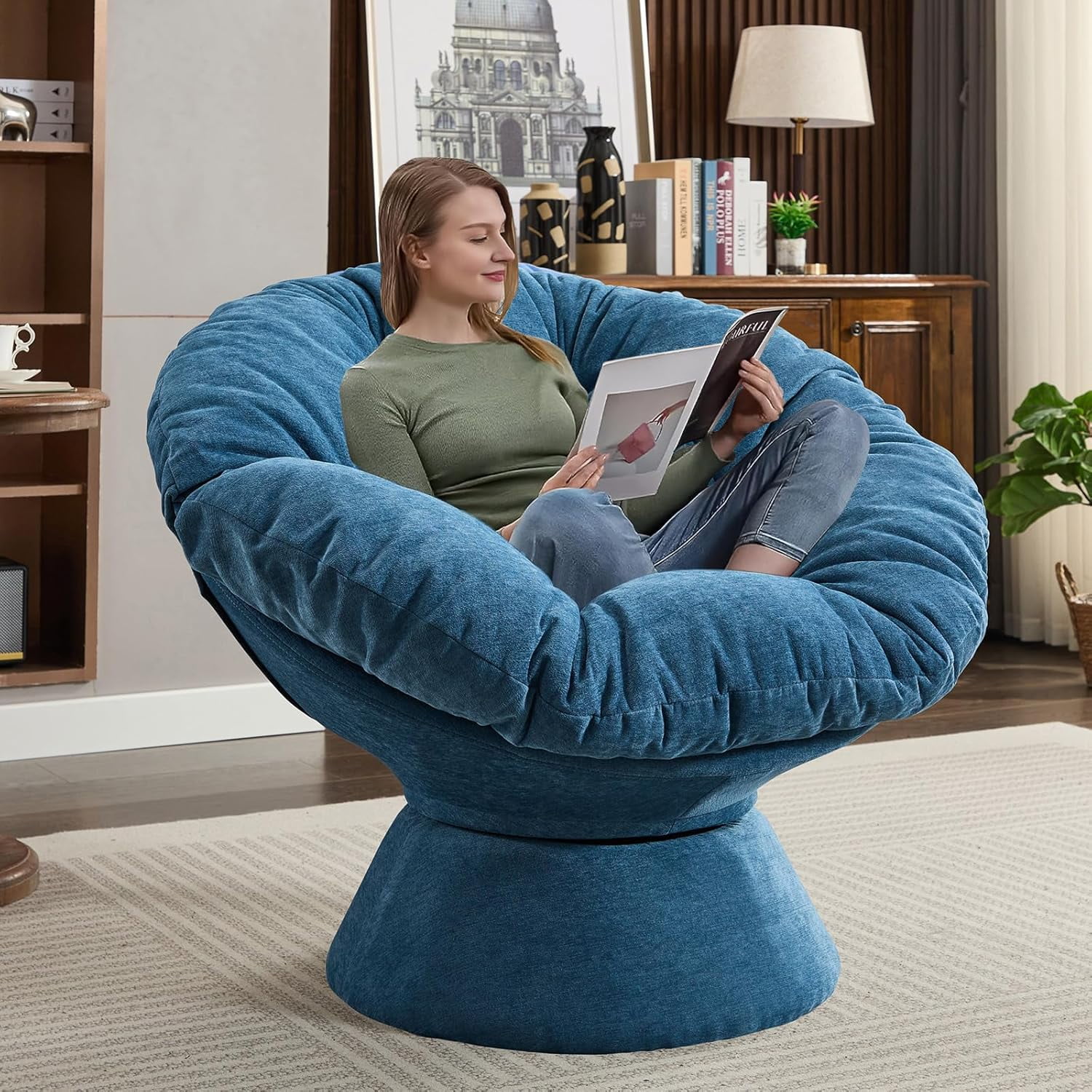 LUCKHAO Oversized Swivel Accent Chair, Papasan Chair, 360 Swivel Barrel