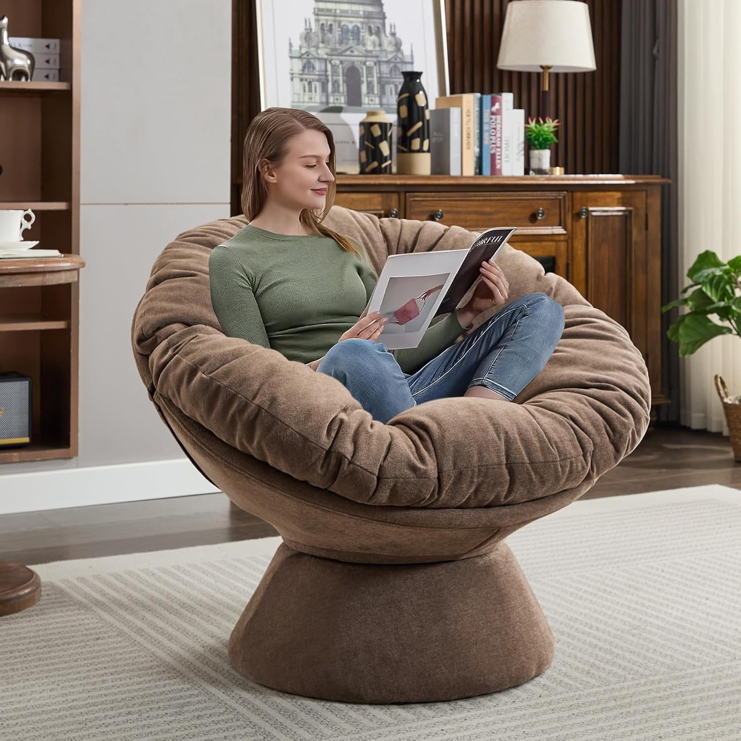 LUCKHAO Oversized Swivel Accent Chair, Papasan Chair, 360 Swivel Barrel