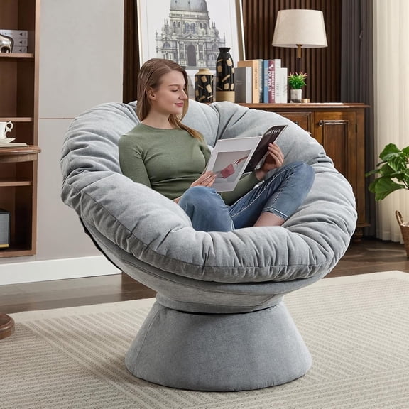 LUCKHAO 360° Swivel Accent Chair, Chenille Upholstered Round Barrel Lounge Chair with Padded Cushion for Living Room, Bedroom, Apartment, Light Grey