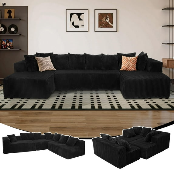 132" Boneless Memory Foam Sectional Sofa, Corduroy Sectional Couches for Living Room, Oversized U Shape Comfy Modular Compression Cloud Sleeper Sofa with Deep Seat, No Assembly Required (Black)