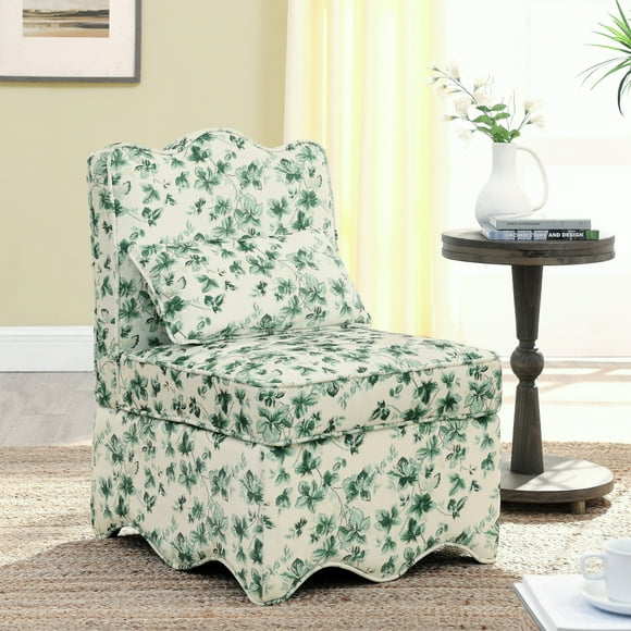 LUCKHAO  Retro Single Chair with Flower Pattern and Wave-Shape Edge, Flannel Upholstered Armless Sofa Chair with Seat Cushion and Pillow for Living Room, Bedroomc