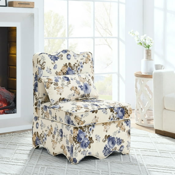 LUCKHAO Retro Single Chair with Flower Pattern and Wave-Shape Edge, Flannel Upholstered Armless Sofa Chair with Seat Cushion and Pillow for Living Room, Bedroomc