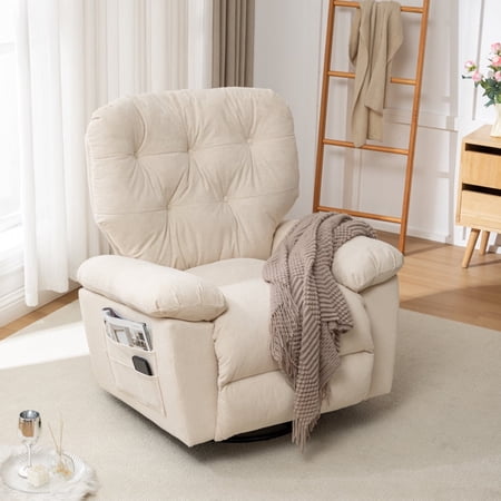 LUCKHAO Swivel Rocker Recliner Chair, Relaxing Recliner Chair, Soft Artificial Fleece Modern Lazy Boy Reclining Sofa with Side Pocket ?