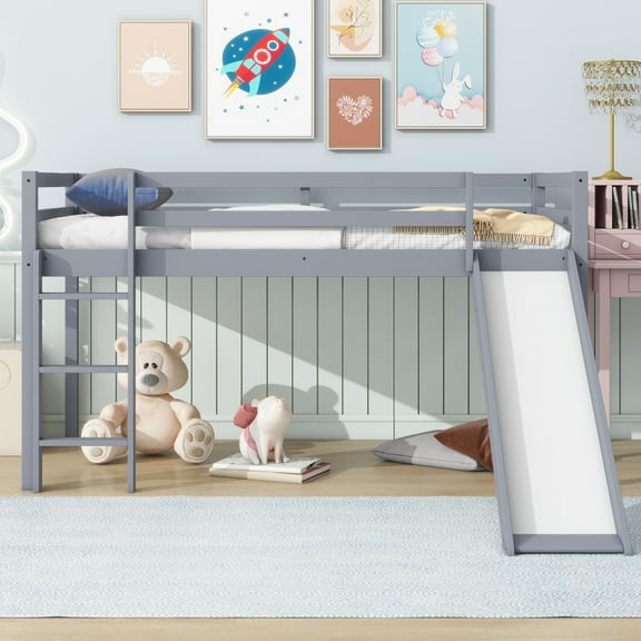 LUCKHAO  Twin Low Loft Bed with Slide, Ladder, Safety Guardrails, Rubber Wood Twin Loft Bed