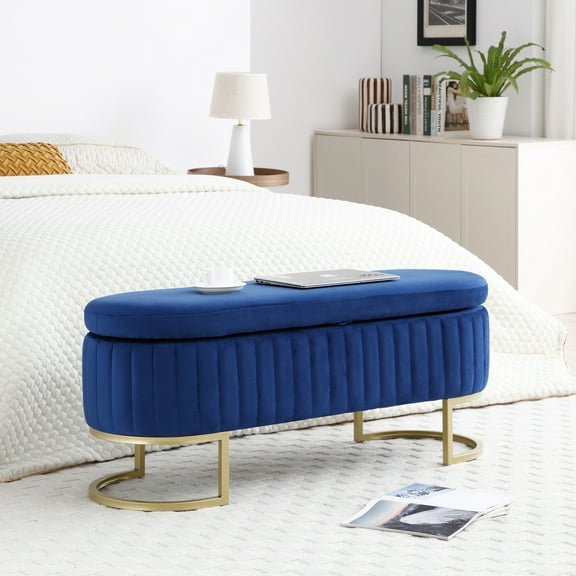 LUCKHAO  Velvet Storage Ottoman Bench,Woven Upholstered Storage Bench ,Storage Bench with Gold Legs  , Modern Bench Oval Ottoman for Bedroom, Living Room,Entryway,Window ﻿