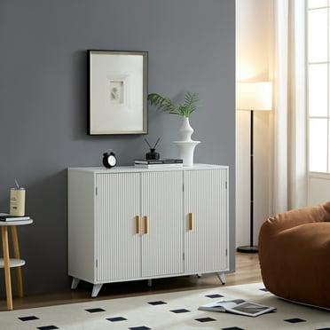 LUCKHAO ideboard with wavy texture buffet cabinet, white accent cabinet with door, modern bookcase for kitchen living room, entrance way