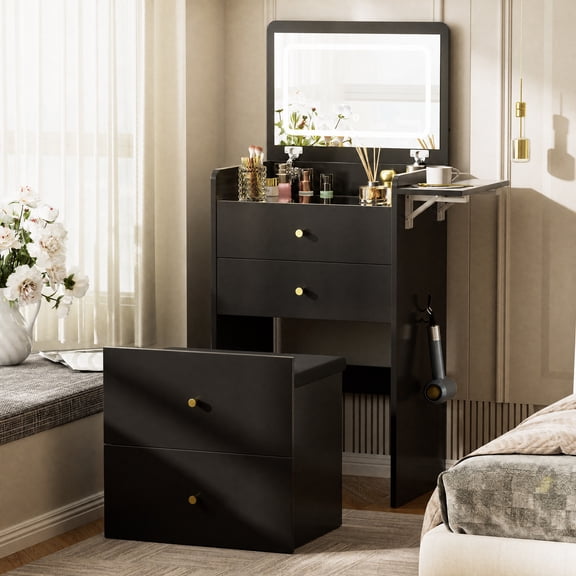 LUCKLIFE 3-in-1 Makeup Vanity Set with Lighted Flip Top Mirror & Storage Stool, Small Space Dressing Table with Foldable Side Tray, Glass Top Desk & Nightstand for Bedroom, Black