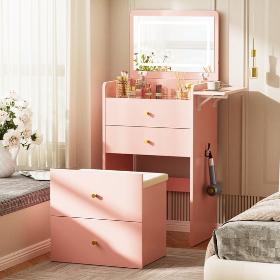 LUCKLIFE 3-in-1 Makeup Vanity Set with Lighted Flip Top Mirror & Storage Stool, Small Space Dressing Table with Foldable Side Tray, Glass Top Desk & Nightstand for Bedroom, Pink