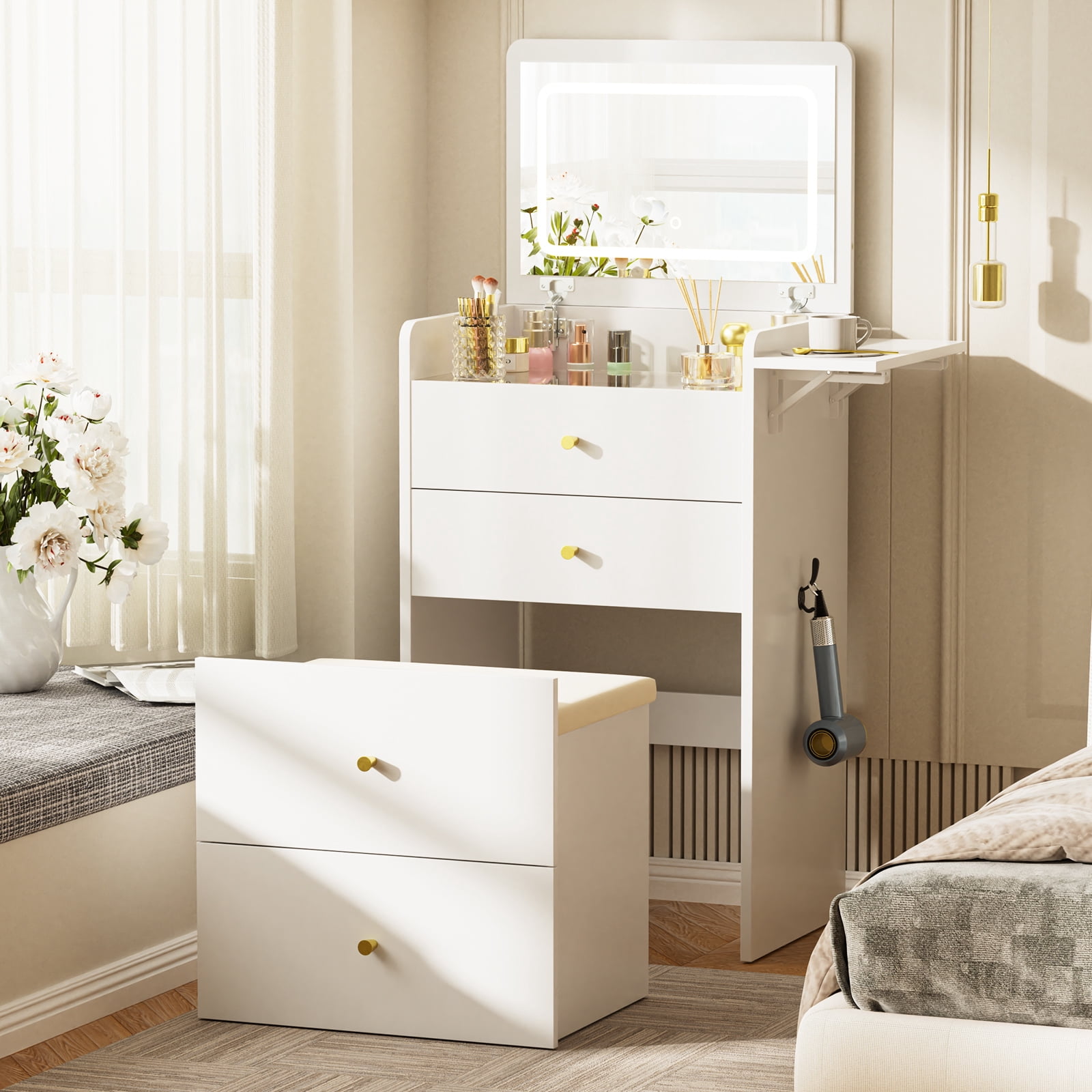 LUCKLIFE 3-in-1 Makeup Vanity Set with Lighted Flip Top Mirror & Storage Stool, Small Space Dressing Table with Foldable Side Tray, Glass Top Desk & Nightstand for Bedroom, White