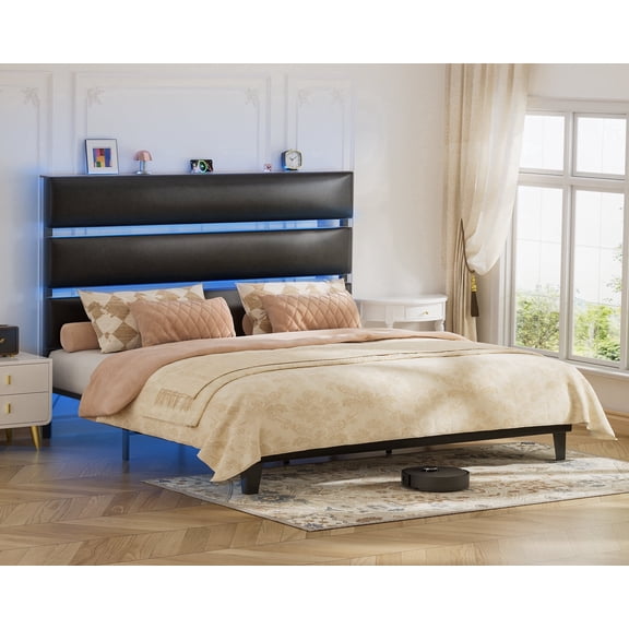 LUCKLIFE Full Metal Bed Frame with Pu Upholstered Headboard, No Box Spring Needed Noise Free, Black