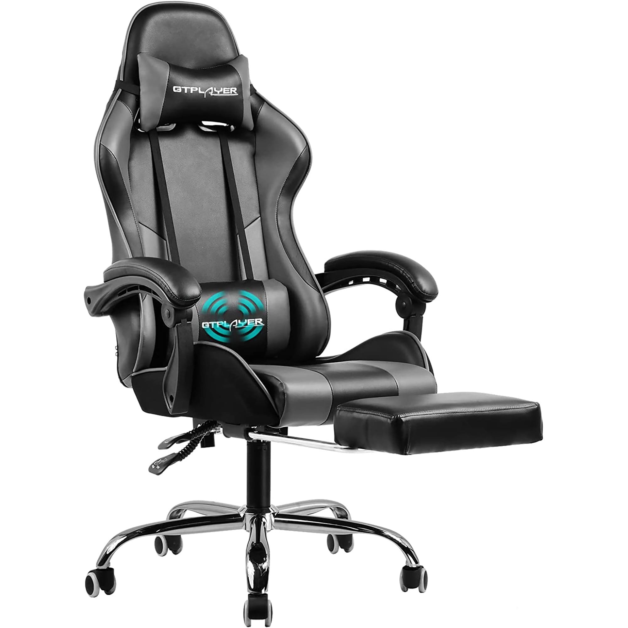 HEADMALL Gaming Chair with Footrest in Option Ergonomic,Video Game Chairs  with Lumbar and Head Pillow for Adults Teens Secret Lab (Black & Grey with