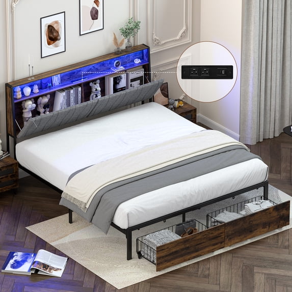 LUCKLIFE King Bed Frame with 2 Storage Drawers, Power Outlets, 2-Tier Storage Headboard&LED, Brown