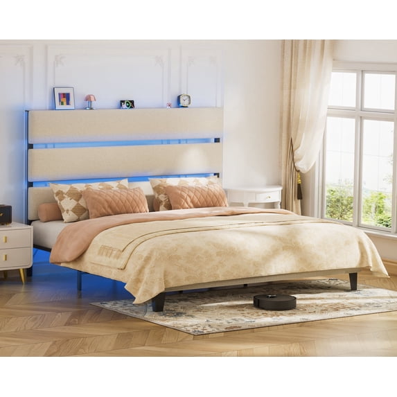 LUCKLIFE King Metal Bed Frame with Fabric Upholstered Headboard, No Box Spring Needed Noise Free, Beige