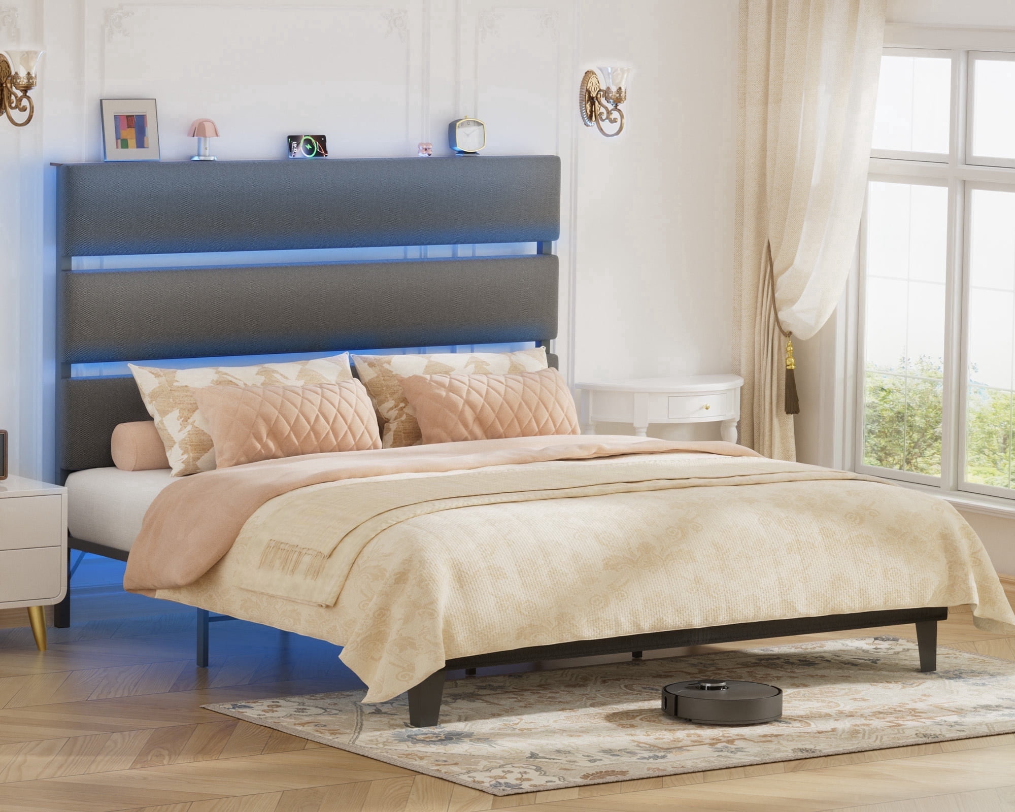 LUCKLIFE King Metal Bed Frame with Fabric Upholstered Headboard, No Box Spring Needed Noise Free, Gray