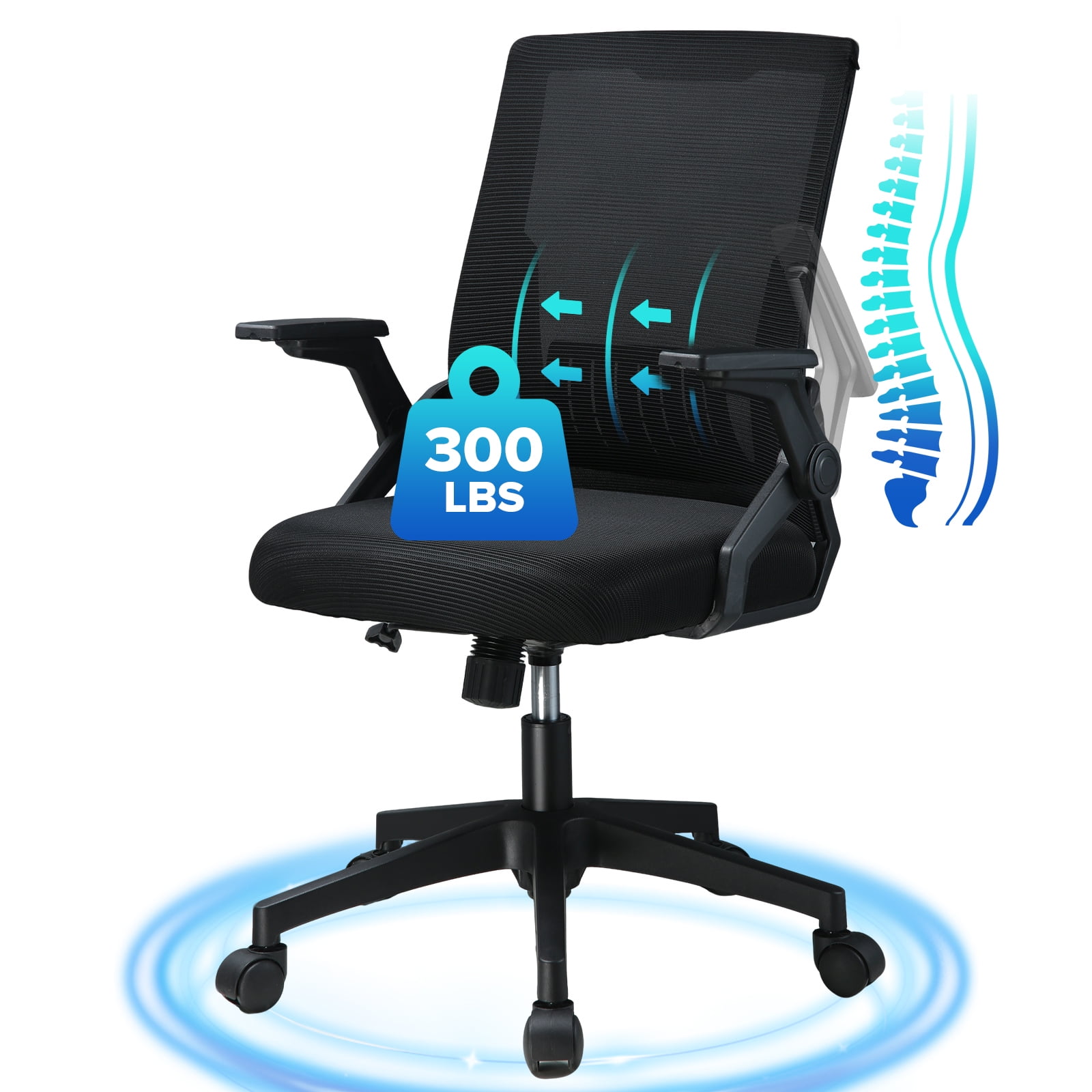 CloudRest Pro Mid Back Mesh Office Chair with Flip-Up Armrests for home office, Black