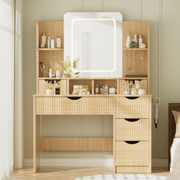 LUCKLIFE Modern White Vanity Table with Lighted Mirror & 5 Fluted Drawers, Large Makeup Desk with Jewelry Hooks & Hairdryer Holder, Tiered Storage Shelves for Bedroom, Wood