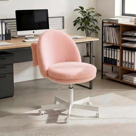 LUCKLIFE Office Desk Chair, Teddy Fabric Mid-Back Task Chair, 2.8" Padded Cushion, Armless Computer Chair for Home Office,Pink