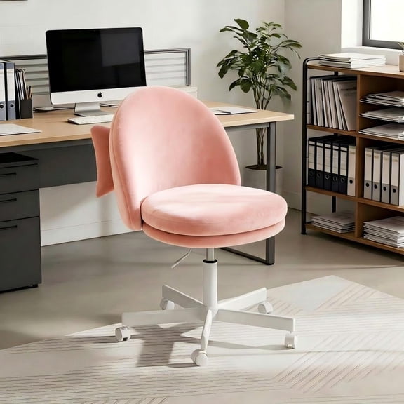 LUCKLIFE Office Desk Chair, Velvet Fabric Mid-Back Task Chair, 2.8" Padded Cushion, Armless Computer Chair for Home Office,Pink