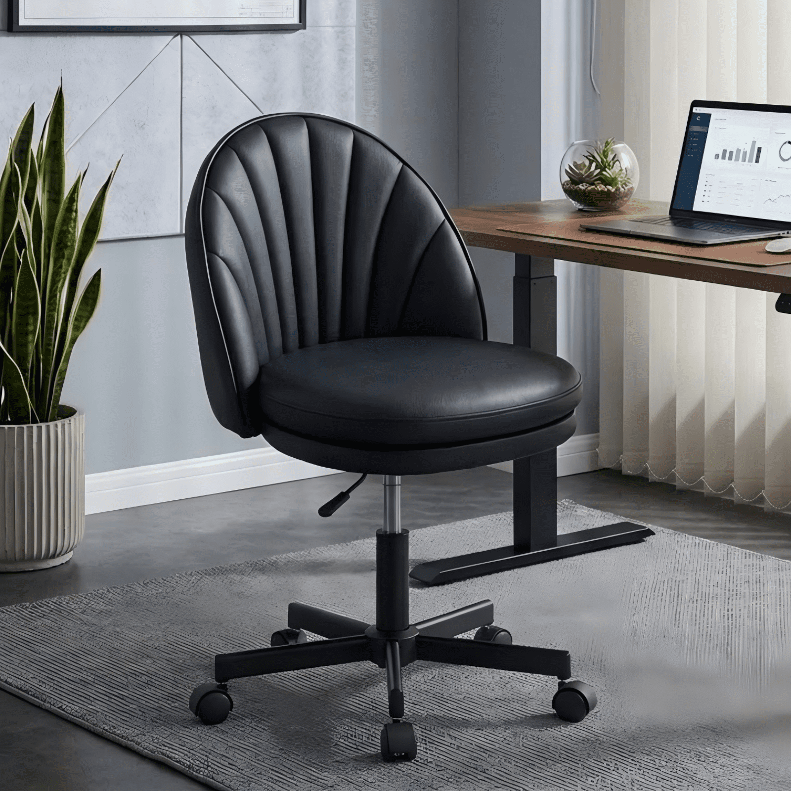 LUCKLIFE Office Desk Chair with Shell Back, PU Leather Mid-Back Task Chair, Armless Computer Chair for Home Office, Black