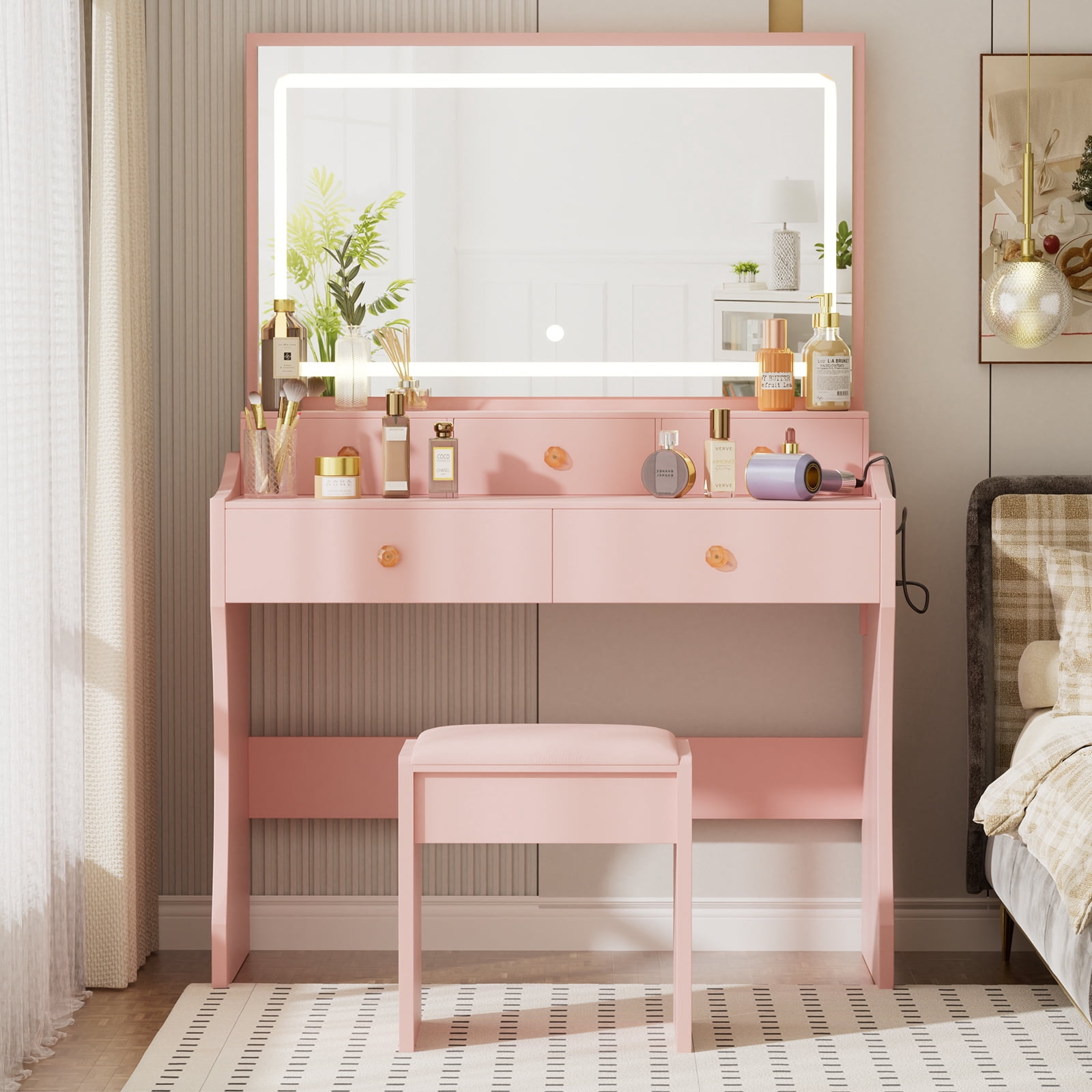 LUCKLIFE Pink Vanity Desk with Mirror and Lights, 5 Drawers & Charging Station, Vanity Table and Chair Set
