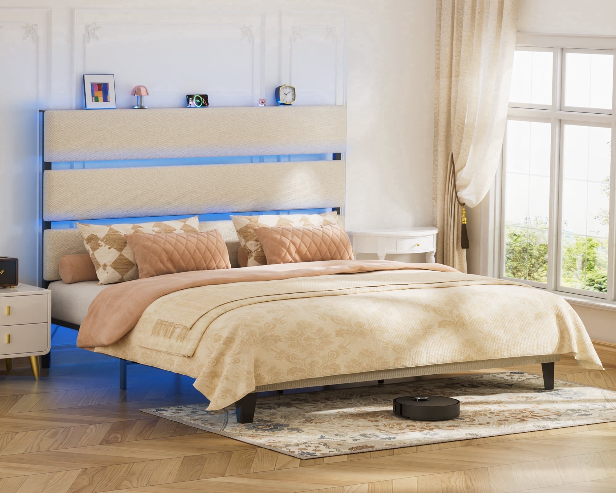 LUCKLIFE Queen Metal Bed Frame with Fabric Upholstered Headboard, No Box Spring Needed Noise Free, Beige