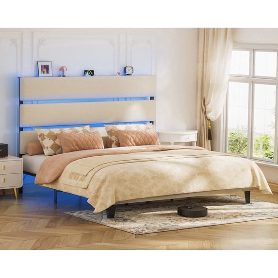 LUCKLIFE Queen Metal Bed Frame with Fabric Upholstered Headboard, No Box Spring Needed Noise Free, Beige