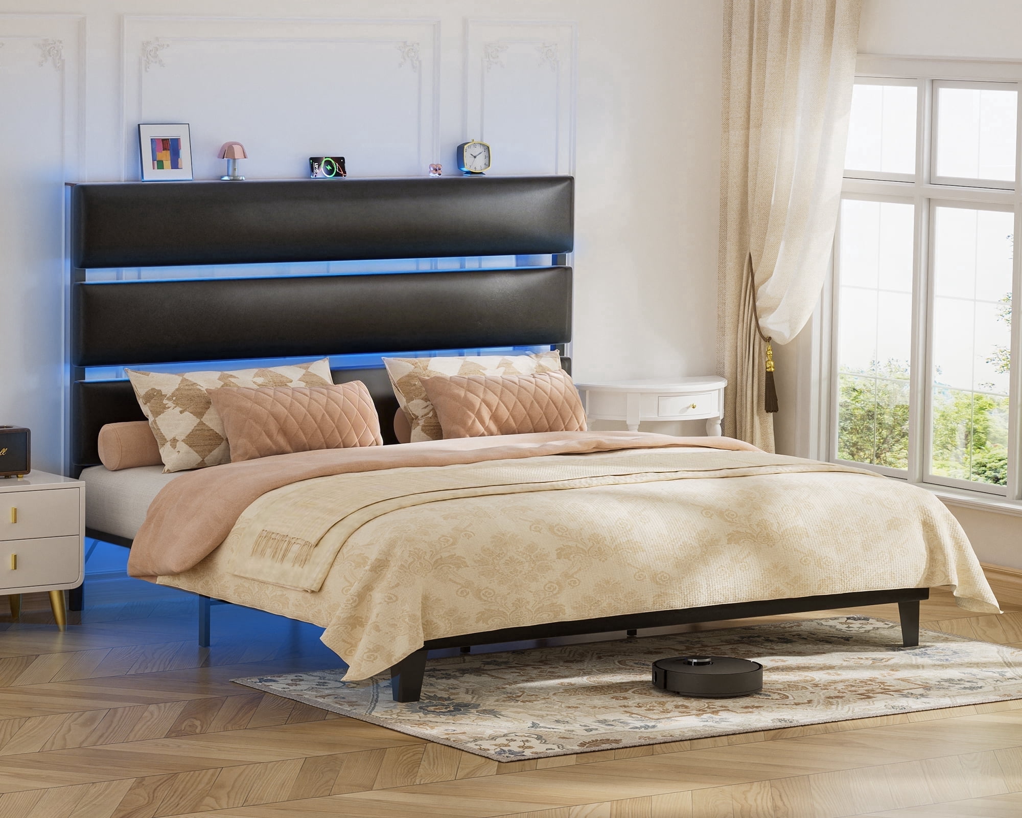 LUCKLIFE Queen Metal Bed Frame with Pu Upholstered Headboard, No Box Spring Needed Noise Free, Black