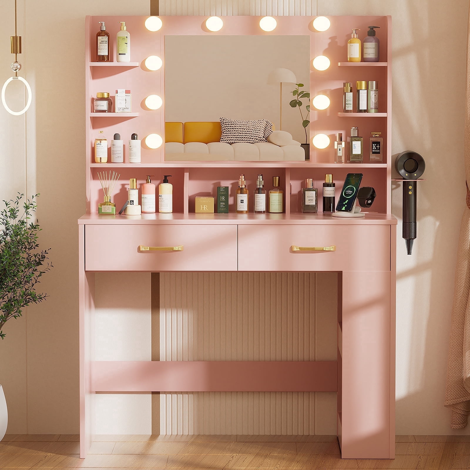 LUCKLIFE Vanity Desk with LED Lights Mirror & Power Outlet,Makeup Vanity Table for Women Girls Bedroom, Pink