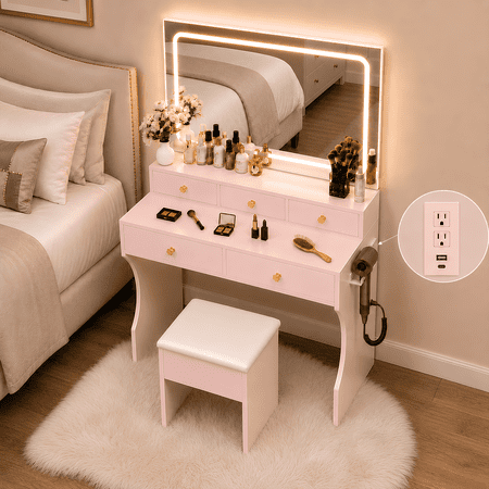 CLOUDREST PRO Pink Vanity Desk Set with Mirror, Makeup Vanity with LED Lights & 3 Color Modes, Adjustable Brightness, Built-in Power Strip, 5 Drawers, Dressing Table for Women Girls
