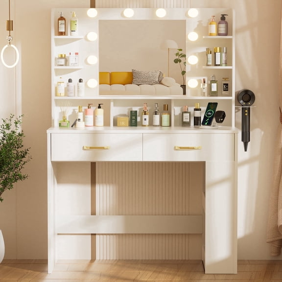 LUCKLIFE Vanity Desk with LED Lights Mirror & Power Outlet,Makeup Vanity Table for Women Girls Bedroom, White