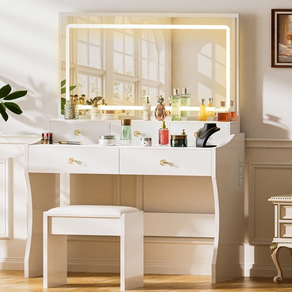 LUCKLIFE White  Vanity Desk with Mirror and Lights, 5 Drawers & Charging Station, Vanity Table and Chair Set