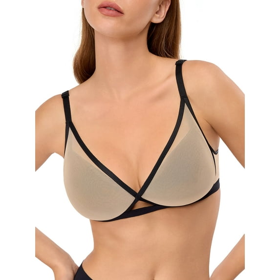 LUCKMEEY Sheer Mesh Plunge Bras for Women Crossable Straps Wireless Triangle Everyday Bra