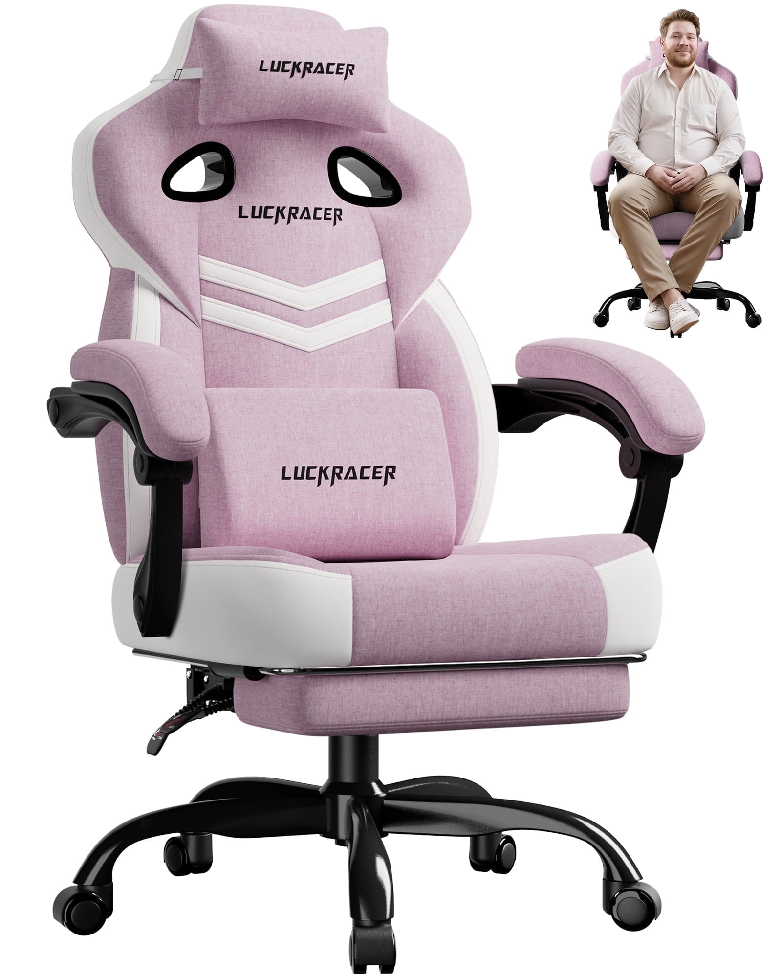 LUCKRACING Fabric PC Gaming Chair with Footrest and Lumbar Support, Pink