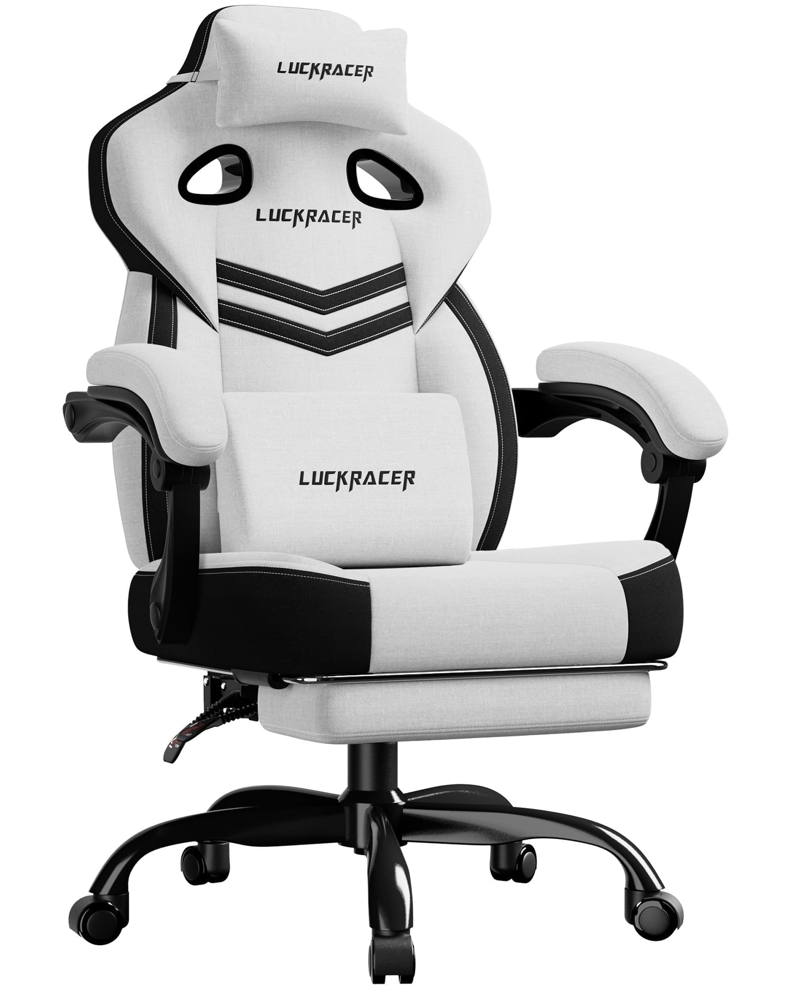 LUCKRACING Fabric PC Gaming Chair with Footrest and Lumbar Support, White