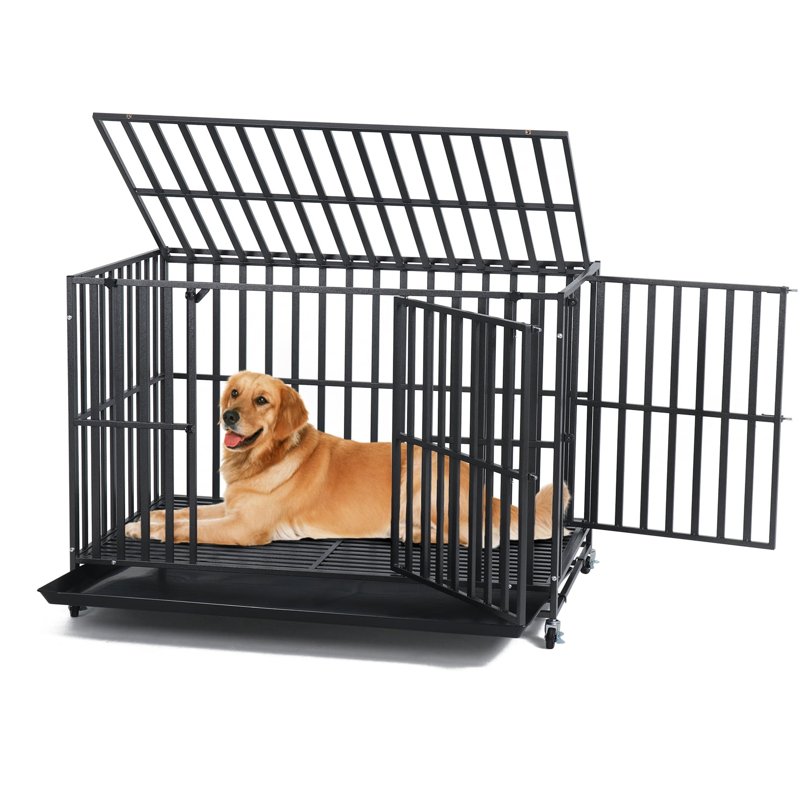 LUCKUP 48IN Heavy Duty Dog Crate 3 Doors Large Metal Dog Cage for Large Medium Dogs Walmart