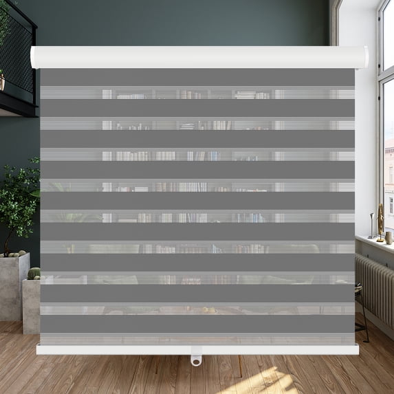 LUCKUP Cordless Zebra Blinds Roller Shades for Window-Dual Layer Sheer Blinds Light Control with Valance Day Night Privacy Light Filtering Fabric, 34"W x 72"H, Dark Grey