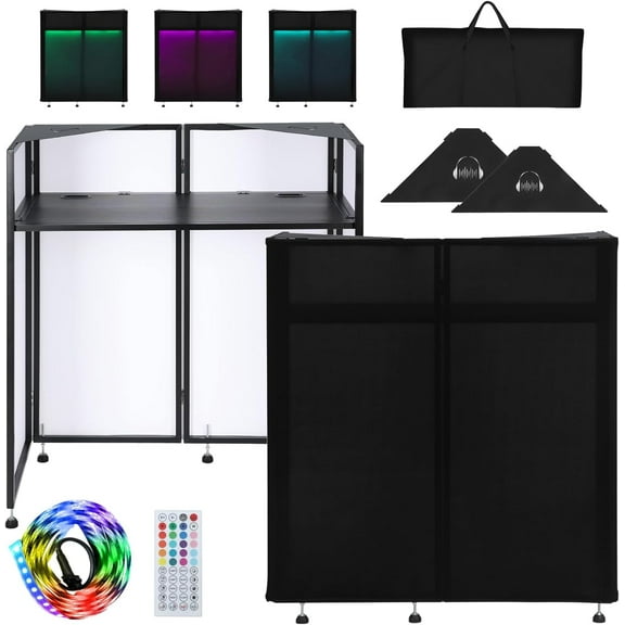 LUCKUP DJ Facade Booth 41"L x 20"W Portable DJ Facade with White & Black Scrim, Foldable DJ Table Station with LED Strips for Party, Black Metal Frame
