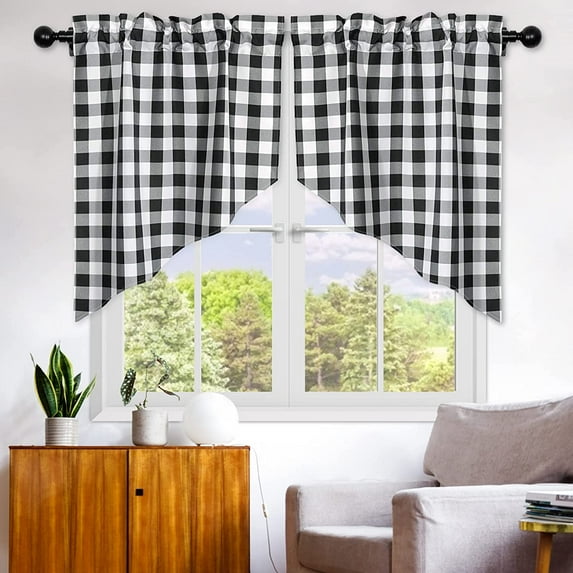 LUCKUP Farmhouse Kitchen Curtains Buffalo Plaid - Swag Curtains for Windows Light Filtering Rod Pocket Thermal Insulated or Home Bedroom Cafe Decor Window Treatments, 27 W x 36 H-2 Pcs, Black