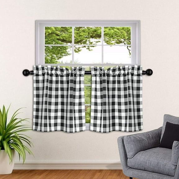 LUCKUP Farmhouse Kitchen Curtains Buffalo Plaid - Tiers Curtains for Windows Light Filtering Rod Pocket Thermal Insulated or Home Bedroom Cafe Decor Window Treatments, 27” W x 24” H-2 Pcs, Black