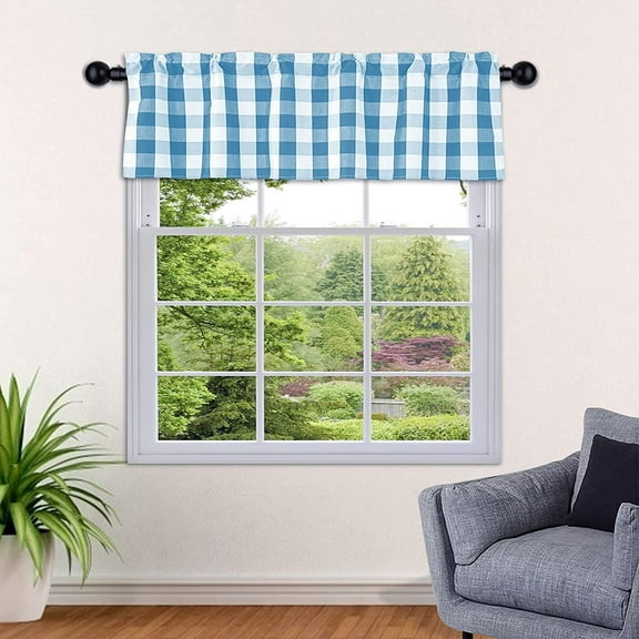 LUCKUP Farmhouse Kitchen Curtains Buffalo Plaid - Valances for Windows Light Filtering Rod Pocket Thermal Insulated or Home Bedroom Cafe Decor Window Treatments, 54” W x 18” H-1 Pcs, Blue