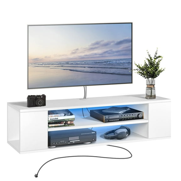 LUCKUP Floating TV Stand Shelf, Wall Mounted Media Console Floating Entertainment Center,White TV Stand Under TV Shelf with Storage for Home