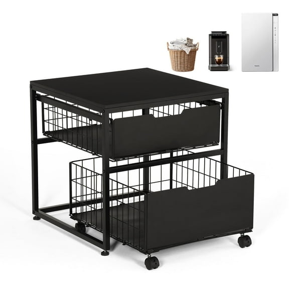 LUCKUP Mini Fridge Stand with Storage Drawer, Small Refrigerator Cart with Wheels, Heavy Duty Microwave Stand, 21.7" L x 21.7" W Mini Fridge Cabinet for Dorm, Home, Office, Hold 300 LBS, Black