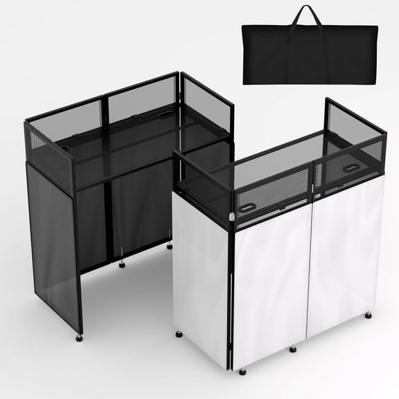 LUCKUP Portable DJ Booth 41"L x 20"W DJ Facade with White & Black Scrim, Foldable DJ Table Station with Adjustable Feet for Party, Black Metal Frame