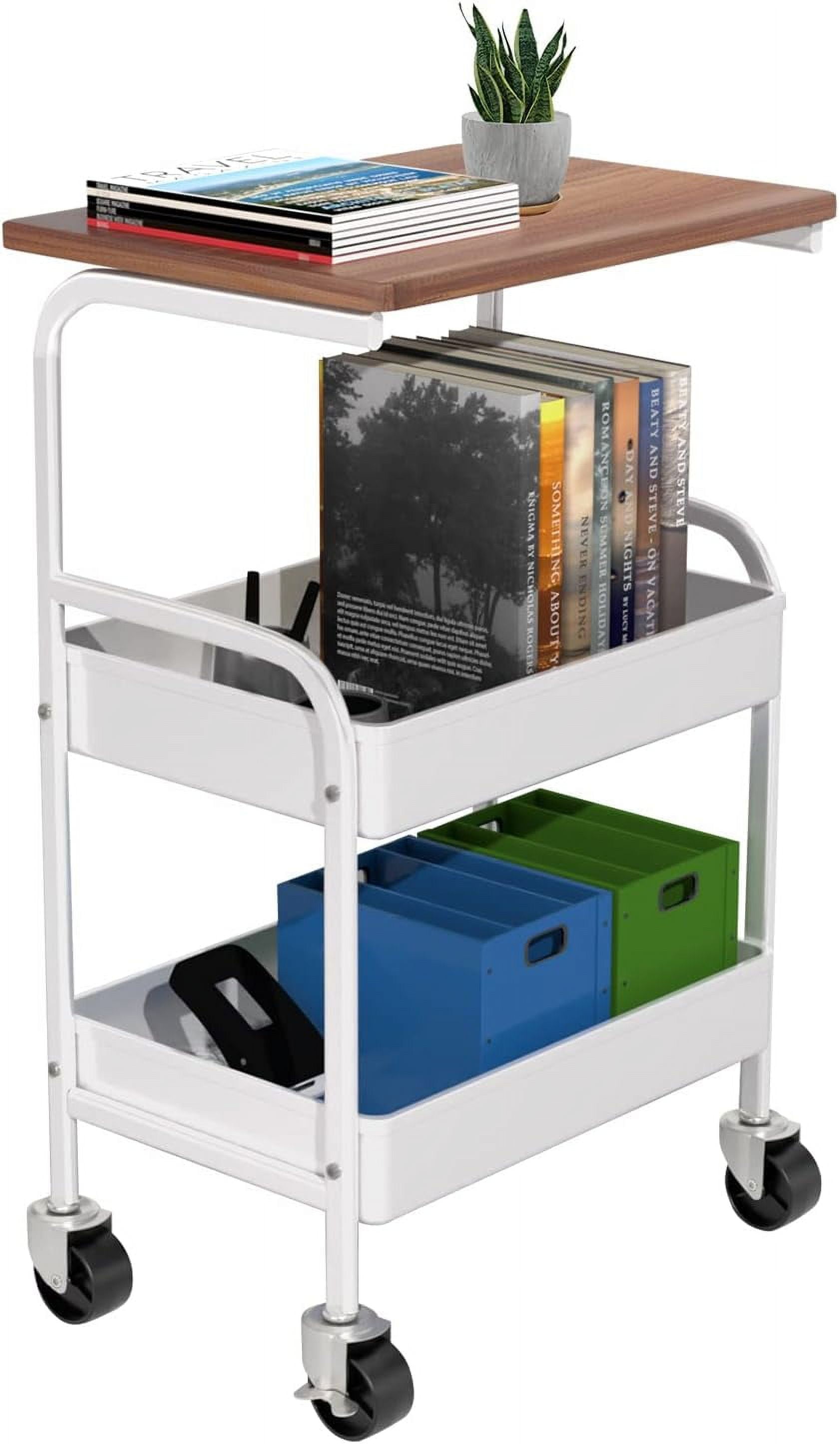 White 3-Tier Metal Utility Cart with Wooden Table Top