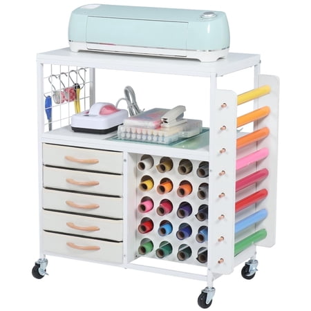 LUCKUP Organization and Storage Craft Table for Cricut Machines, Rolling Cart Cabinet with 28 Vinyl Roll Holders and 5 Drawers