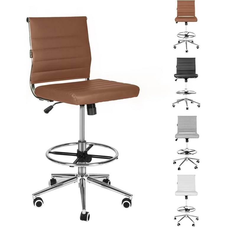 LUCKWIND Drafting Chair Tall Office Chair Ribbed Mid Back PU Leather Standing Desk Stool with Adjustable Foot Ring Wide Seat Tilt Tension Rocker Lumbar Support Swivel Rolling 400lbs Black Walmart