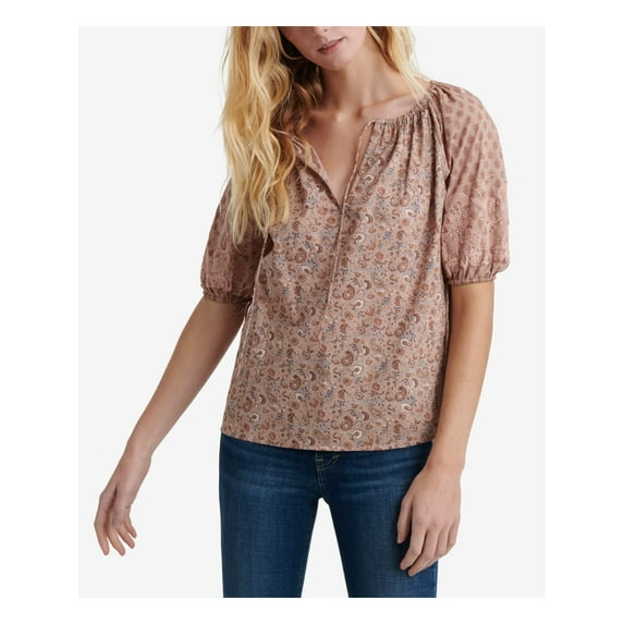 LUCKY BRAND $119 Womens New Beige Paisley Embroidered Tie Neck Pouf Top XS B+B
