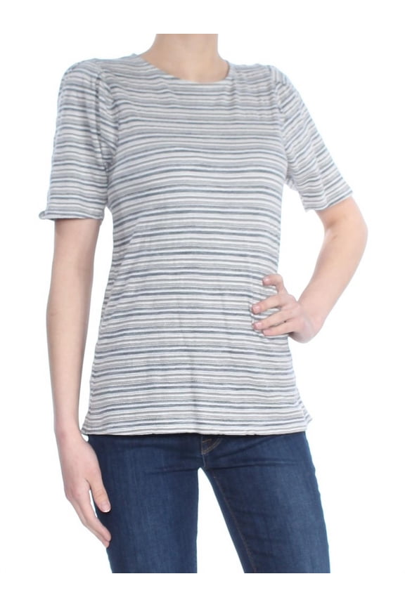 Womens Gray Puff Sleeve Striped Short Sleeve Jewel Neck Top  Size: XS