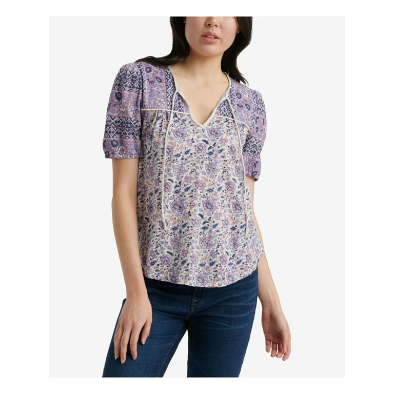 LUCKY BRAND $59 Womens New Blue Printed Keyhole Short Sleeve Casual Top XS  B+B 
