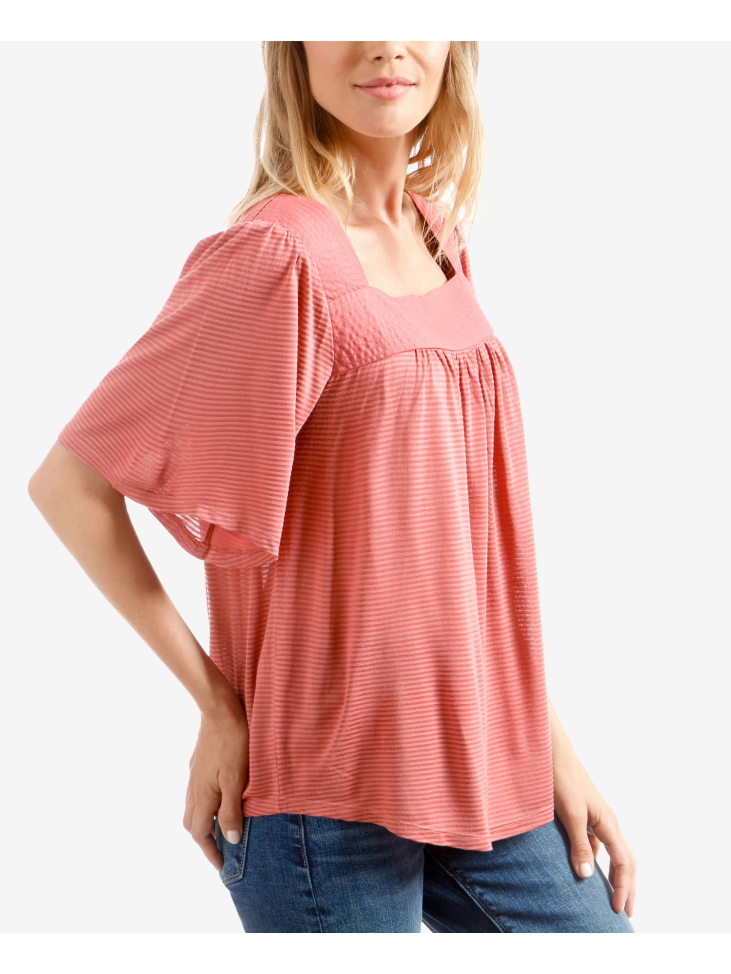 LUCKY BRAND $60 1655 Pink Shadow Stripe Square Neck Peasant Top S